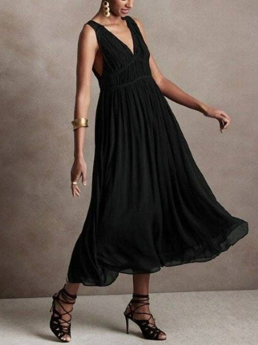 NWT! Banana Republic Black Crinkle Silk Grecian Midi Shirred Tank Dress XS